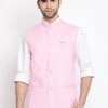 Vastramay Men's Pink Solid Classic Royal Cotton Blend Nehru Jacket