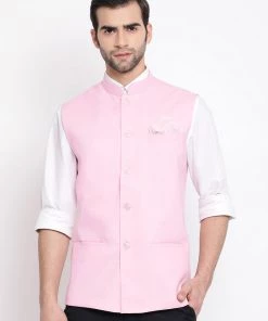Vastramay Men's Pink Solid Classic Royal Cotton Blend Nehru Jacket