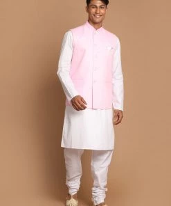 VASTRAMAY Men's White Cotton Kurta, Solid Royal Nehru Jacket And Pyjama Set