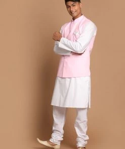 VASTRAMAY Men's White Cotton Kurta, Solid Royal Nehru Jacket And Pyjama Set