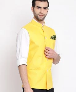 Vastramay Men's Yellow Solid Classic Royal Cotton Blend Nehru Jacket
