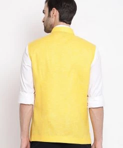 Vastramay Men's Yellow Solid Classic Royal Cotton Blend Nehru Jacket