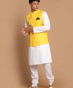 VASTRAMAY Men's White Cotton Kurta, Solid Royal Nehru Jacket And Pyjama Set Kurta Sets