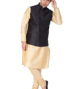 Vastramay Men's Gold Cotton Silk Blend Kurta, Ethnic Jacket And Pyjama Set