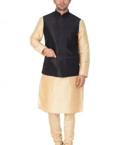Vastramay Men's Gold Cotton Silk Blend Kurta, Ethnic Jacket And Pyjama Set