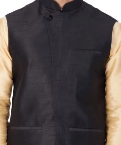 Vastramay Men's Gold Cotton Silk Blend Kurta, Ethnic Jacket And Pyjama Set