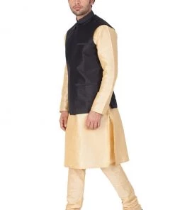 Vastramay Men's Gold Cotton Silk Blend Kurta, Ethnic Jacket And Pyjama Set