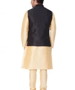 Vastramay Men's Gold Cotton Silk Blend Kurta, Ethnic Jacket And Pyjama Set
