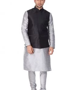 Vastramay Men's Grey Cotton Silk Blend Kurta, Ethnic Jacket And Pyjama Set