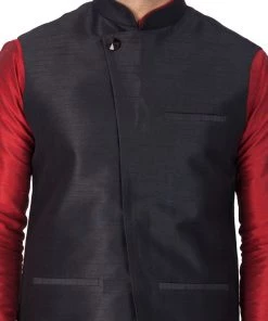 Vastramay Men's Maroon Cotton Silk Blend Kurta, Ethnic Jacket And Pyjama Set