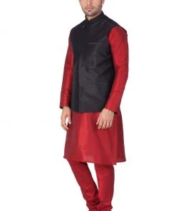 Vastramay Men's Maroon Cotton Silk Blend Kurta, Ethnic Jacket And Pyjama Set