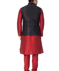 Vastramay Men's Maroon Cotton Silk Blend Kurta, Ethnic Jacket And Pyjama Set