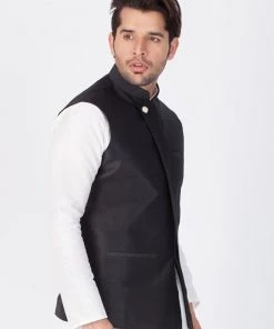 Vastramay Men's Black Cotton Silk Blend Ethnic Jacket