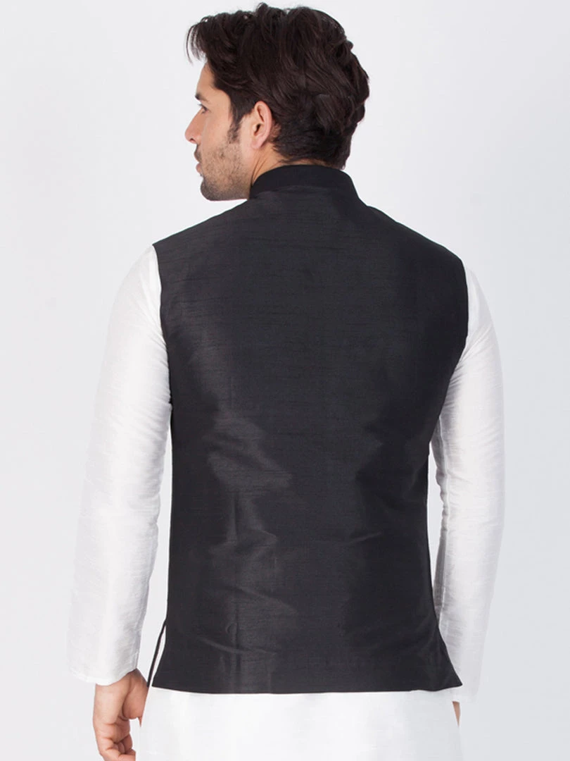 Vastramay Men's Black Cotton Silk Blend Ethnic Jacket 6 Vastramay Men's Black Cotton Silk Blend Ethnic Jacket