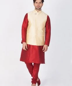VASTRAMAY Men's Maroon Cotton Silk Blend Kurta, Ethnic Jacket And Pyjama Set