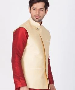 VASTRAMAY Men's Gold Cotton Silk Blend Ethnic Jacket Nehru Jacket