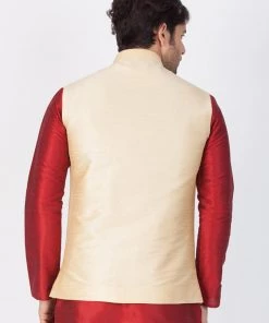 VASTRAMAY Men's Gold Cotton Silk Blend Ethnic Jacket Nehru Jacket