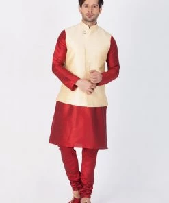VASTRAMAY Men's Gold Cotton Silk Blend Ethnic Jacket Nehru Jacket