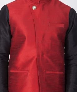 VASTRAMAY Men's Black Cotton Silk Blend Kurta, Ethnic Jacket And Pyjama Set Kurta Sets