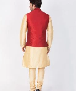 VASTRAMAY Men's Gold Cotton Silk Blend Kurta, Ethnic Jacket And Pyjama Set
