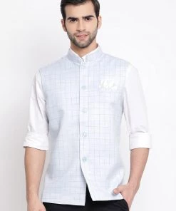 Vastramay Men's Blue Checkered Classic Linen Nehru Jacket