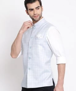Vastramay Men's Blue Checkered Classic Linen Nehru Jacket