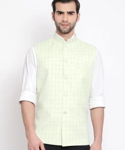 VASTRAMAY Men's Mint Green Checkered Classic Linen Nehru Jacket