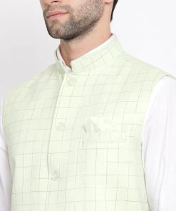 VASTRAMAY Men's Mint Green Checkered Classic Linen Nehru Jacket