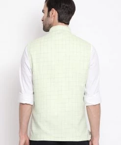 VASTRAMAY Men's Mint Green Checkered Classic Linen Nehru Jacket