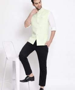 VASTRAMAY Men's Mint Green Checkered Classic Linen Nehru Jacket