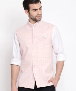 Vastramay Men's Pink Checkered Classic Linen Nehru Jacket