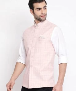 Vastramay Men's Pink Checkered Classic Linen Nehru Jacket