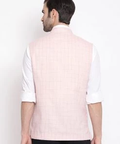 Vastramay Men's Pink Checkered Classic Linen Nehru Jacket