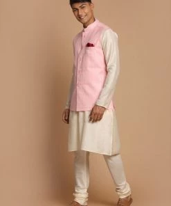 VASTRAMAY Men's Cream Cotton Kurta, Checkered Royal Linen Nehru Jacket And Pyjama Set