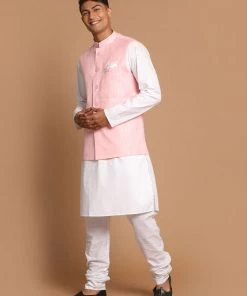 VASTRAMAY Men's White Cotton Kurta, Checkered Royal Linen Nehru Jacket And Pyjama Set