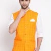 Vastramay Men's Orange Checkered Pattern Classic Nehru Jacket