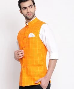 Vastramay Men's Orange Checkered Pattern Classic Nehru Jacket