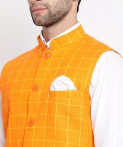 Vastramay Men's Orange Checkered Pattern Classic Nehru Jacket