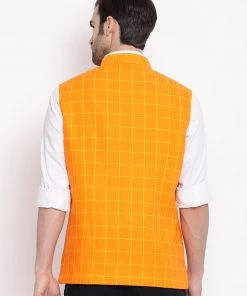 Vastramay Men's Orange Checkered Pattern Classic Nehru Jacket