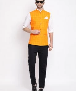 Vastramay Men's Orange Checkered Pattern Classic Nehru Jacket