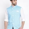 VASTRAMAY Men's Blue Stripes And Angrakha Pattern Classic Nehru Jacket