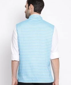 VASTRAMAY Men's Blue Stripes And Angrakha Pattern Classic Nehru Jacket