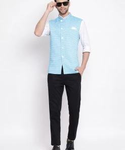VASTRAMAY Men's Blue Stripes And Angrakha Pattern Classic Nehru Jacket