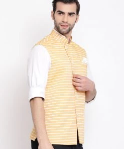 VASTRAMAY Men's Orange Stripes And Angrakha Pattern Classic Nehru Jacket