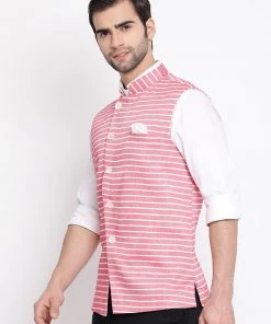 VASTRAMAY Men's Red Stripes And Angrakha Pattern Classic Nehru Jacket