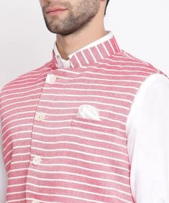 VASTRAMAY Men's Red Stripes And Angrakha Pattern Classic Nehru Jacket