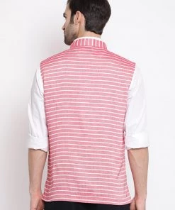 VASTRAMAY Men's Red Stripes And Angrakha Pattern Classic Nehru Jacket