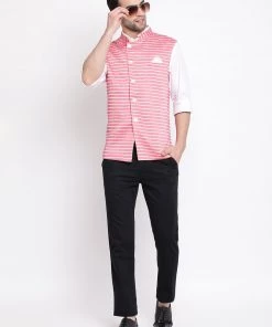 VASTRAMAY Men's Red Stripes And Angrakha Pattern Classic Nehru Jacket