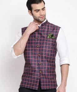 VASTRAMAY Men's Blue Checked And Angrakha Pattern Classic Nehru Jacket