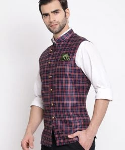 VASTRAMAY Men's Blue Checked And Angrakha Pattern Classic Nehru Jacket